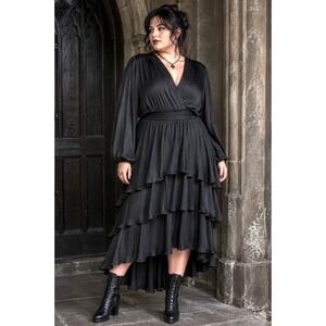 Steve Madden Black Satin Tiered Midi Dress Long Sleeve V-Neck  Womens XL